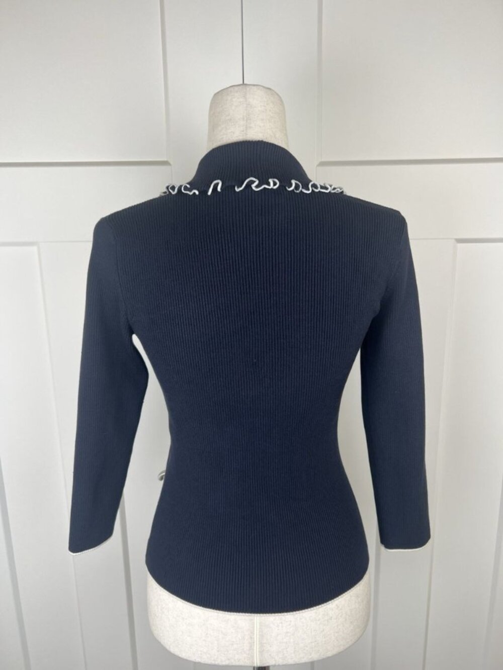 Vintage Cache Navy Silk Blend Rib Knit Cowl Neck Top Contrast Trim M - Picture 5 of 9